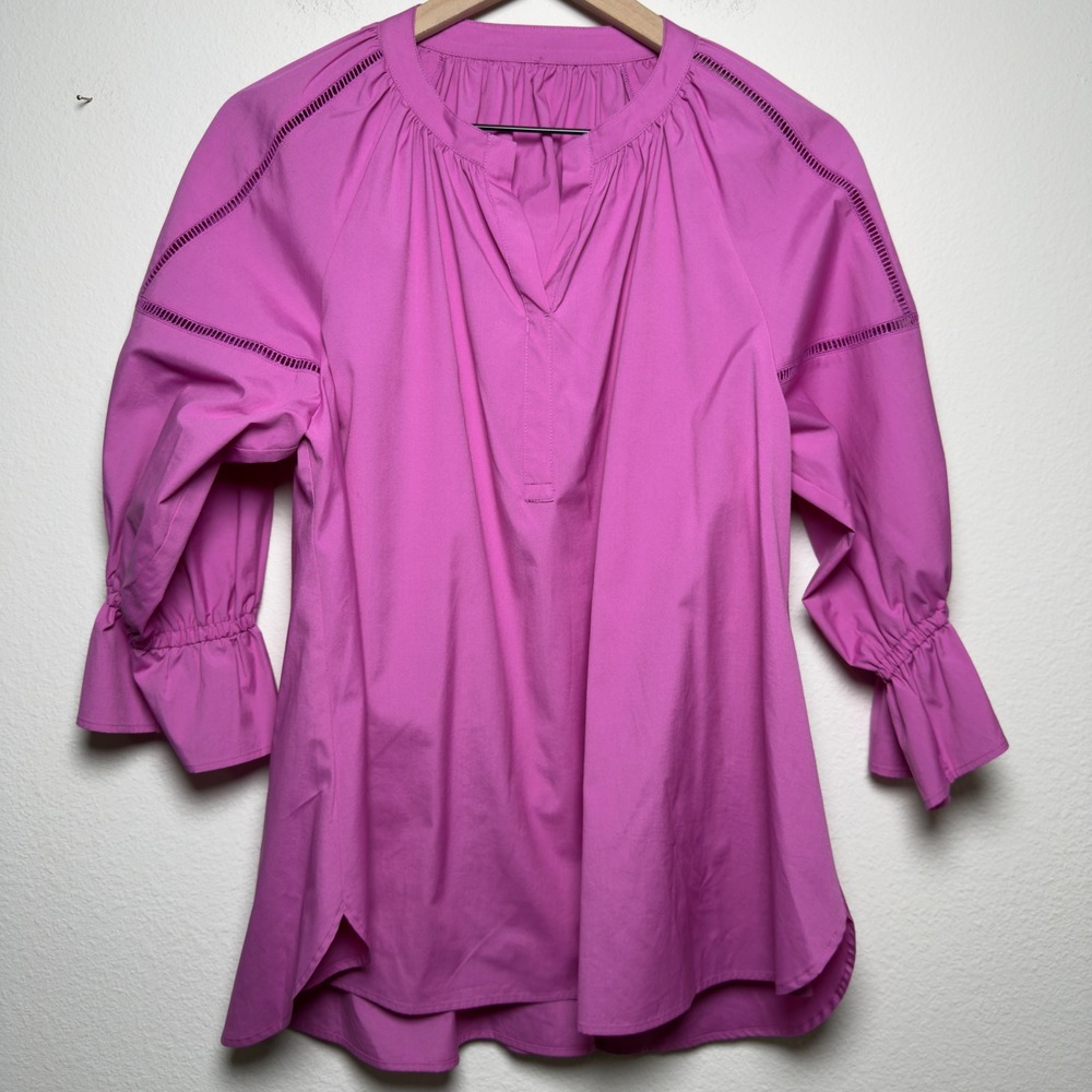 Blue Fronce Women Poplin Tunic Top 38 Pink Blouse 3/4 Ruffle Eyelet Preppy Artsy